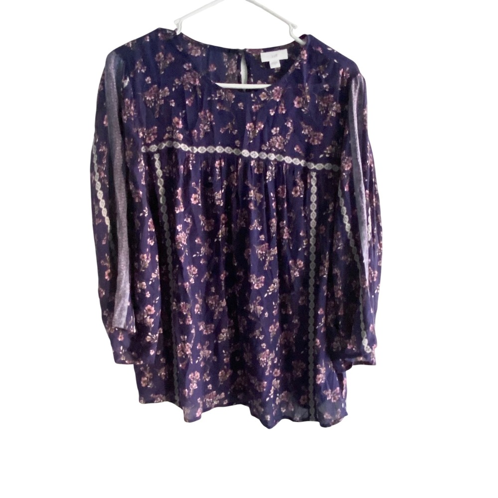 3/$25 J Jill Womens Purple Floral Rayon Babydoll Blouse Crochet Print‎ Medium